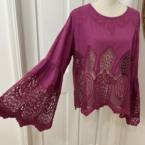 Chloe Oliver Anthropologie Blouse XL Embroidered Boho Fairy Open Lace Festival